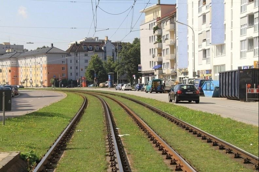 Green tram tracks in Europe