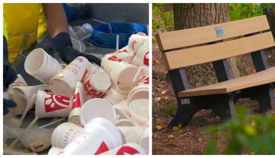 How used disposable tableware turns into park benches