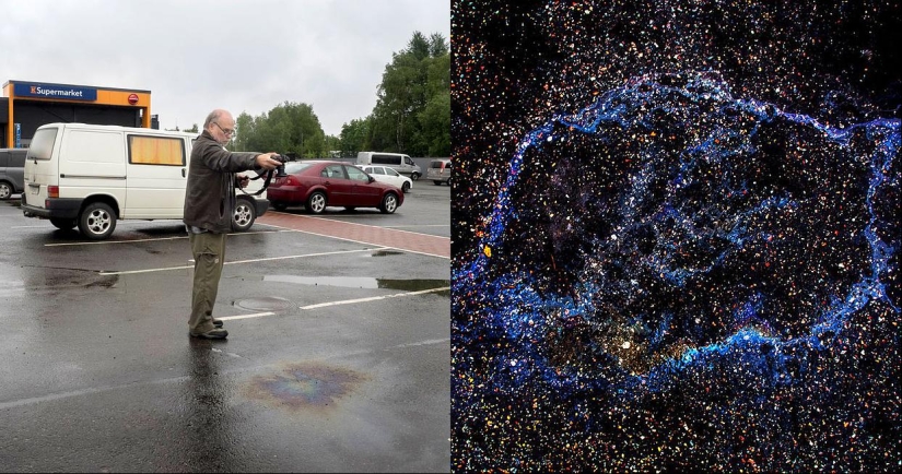 Illusory galaxies and constellations made of gasoline and oil on asphalt