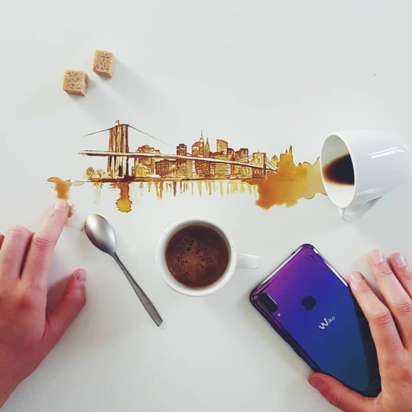 La artista italiana Giulia Bernardelli convirtió el café derramado en arte La artista italiana Giulia Bernardelli convirtió el café derramado en arte