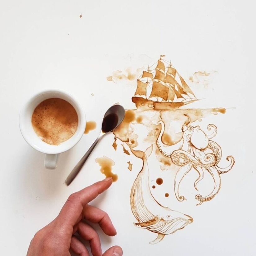La artista italiana Giulia Bernardelli convirtió el café derramado en arte La artista italiana Giulia Bernardelli convirtió el café derramado en arte