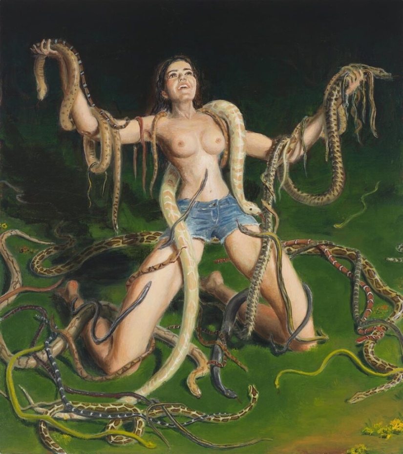 Pinturas irónicas de Jansson Stegner: bellezas enormes frente a chicos delgados