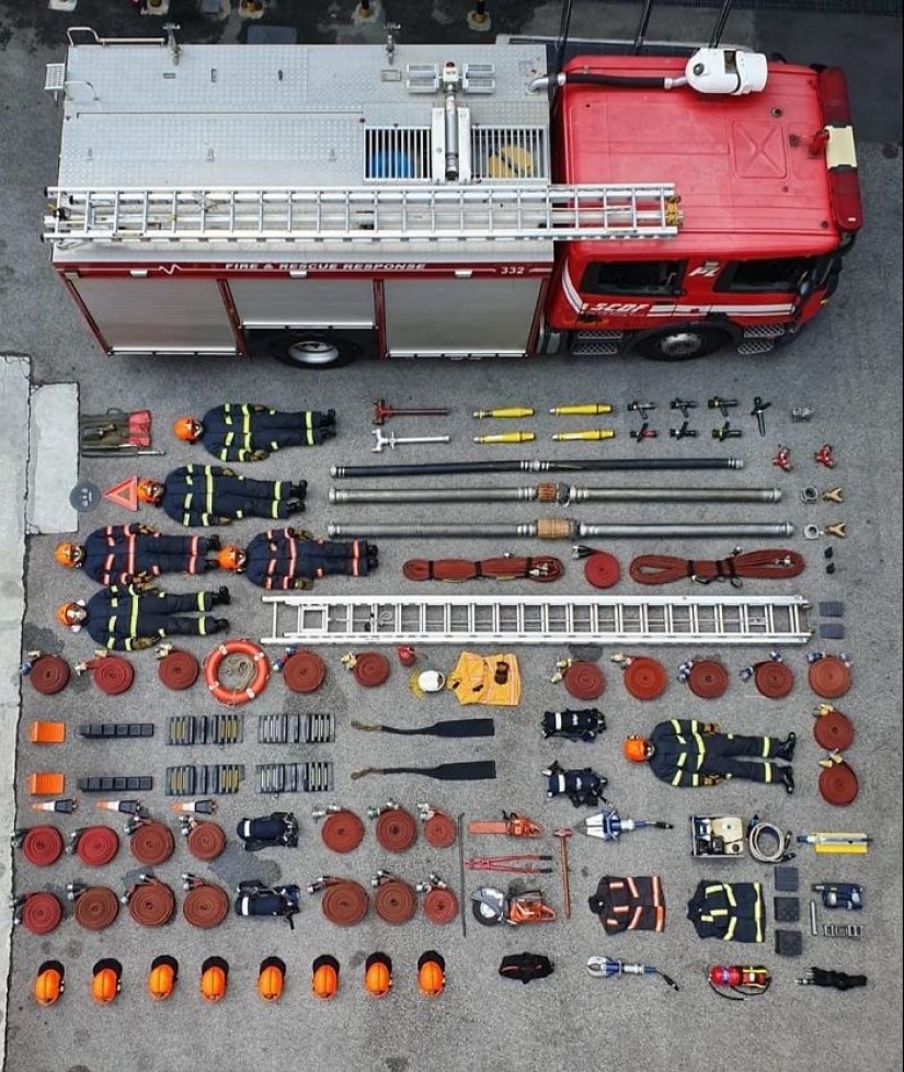 Rescue vehicles, medics, firefighters and their contents