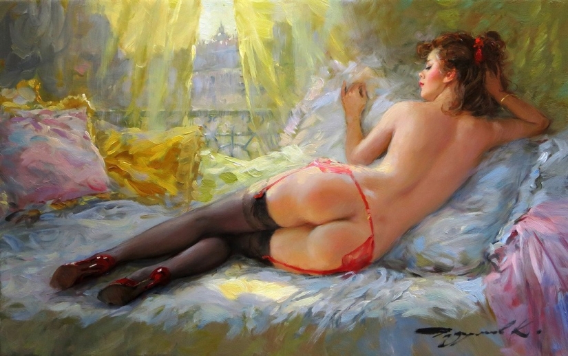 Retratos de mujeres de Konstantin Razumov: ligereza, luz y erotismo de la época burlesca