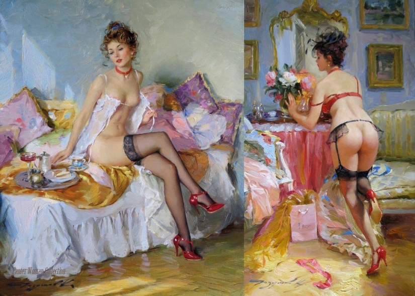 Retratos de mujeres de Konstantin Razumov: ligereza, luz y erotismo de la época burlesca