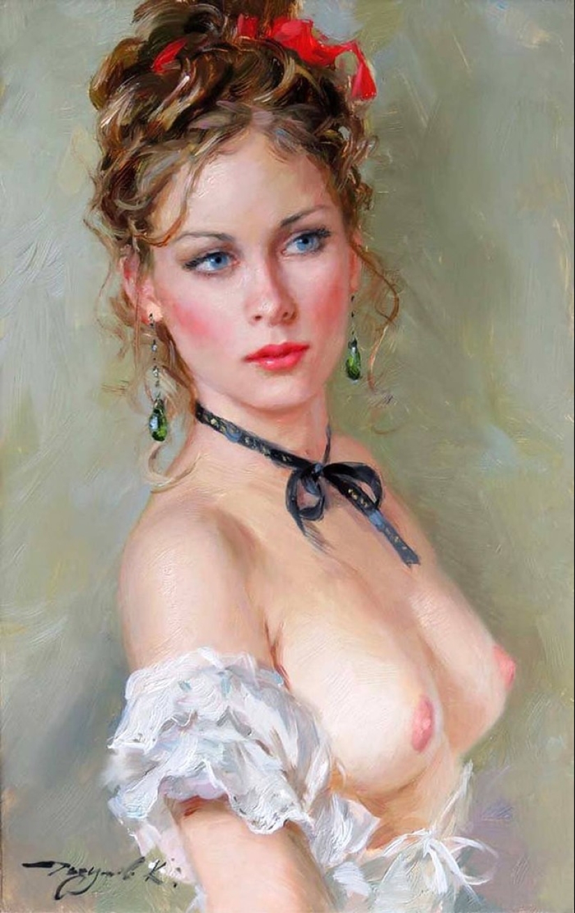 Retratos de mujeres de Konstantin Razumov: ligereza, luz y erotismo de la época burlesca