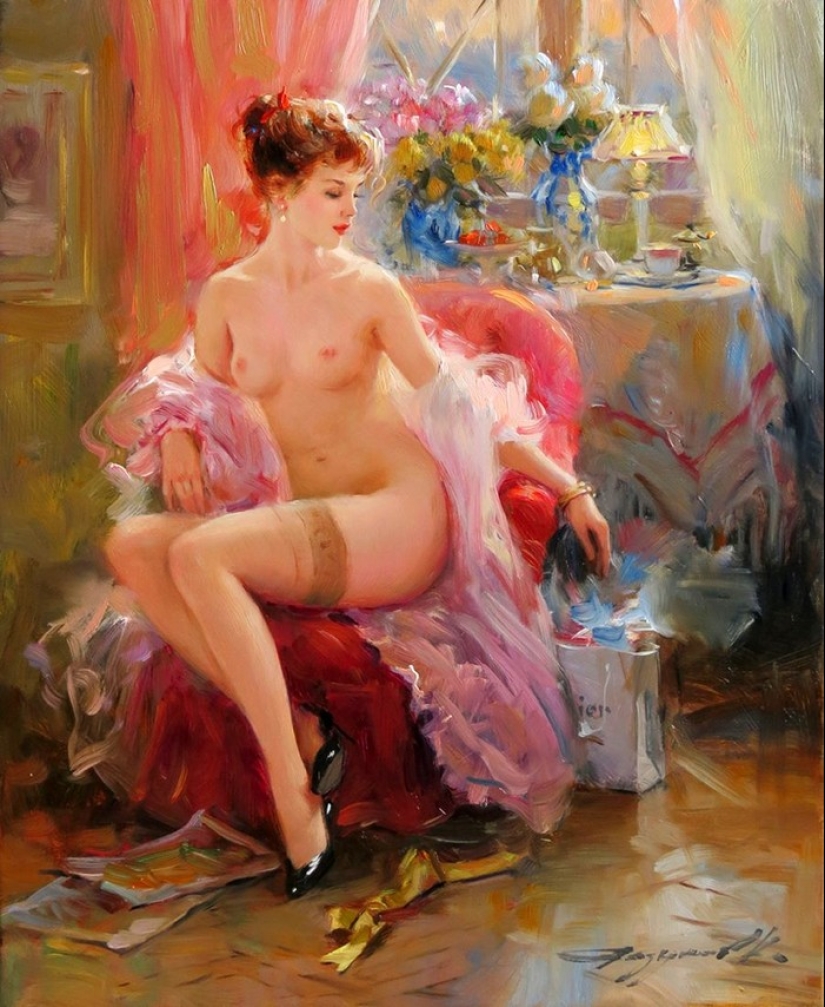 Retratos de mujeres de Konstantin Razumov: ligereza, luz y erotismo de la época burlesca