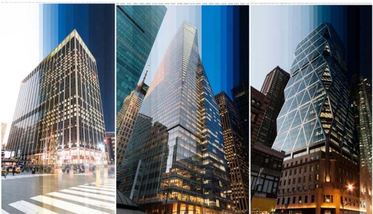 Skyscrapers at sunset in the photo with the timelapse effect