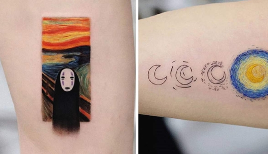 Tatuajes de Hakan Adik, combinando pinturas famosas y personajes de la cultura pop