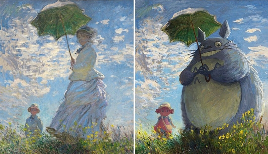 The artist adds anime characters to the classic canvases