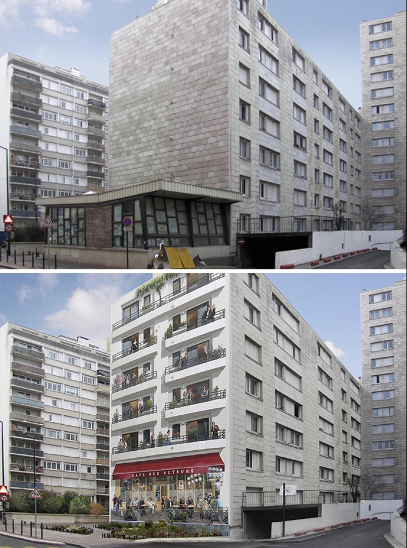 The artist turns boring facades into bright scenes full of life