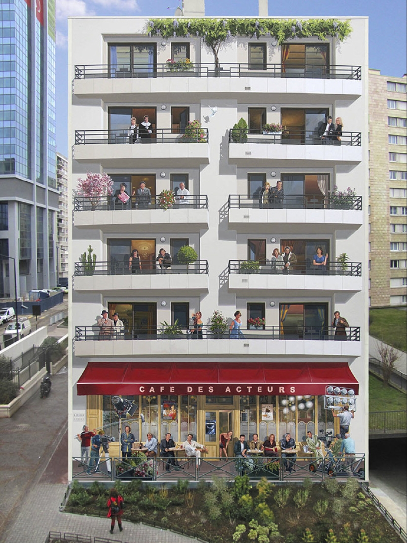 The artist turns boring facades into bright scenes full of life