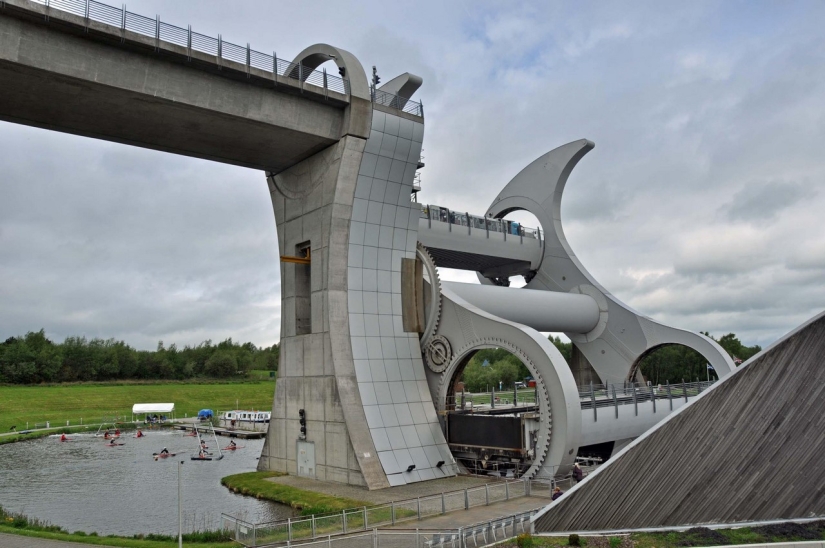 The Falkirk Wheel is a unique rotating structure that lifts entire ships