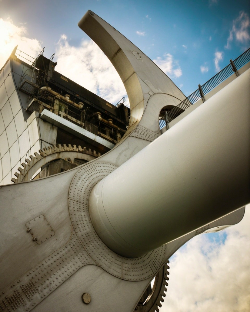 The Falkirk Wheel is a unique rotating structure that lifts entire ships