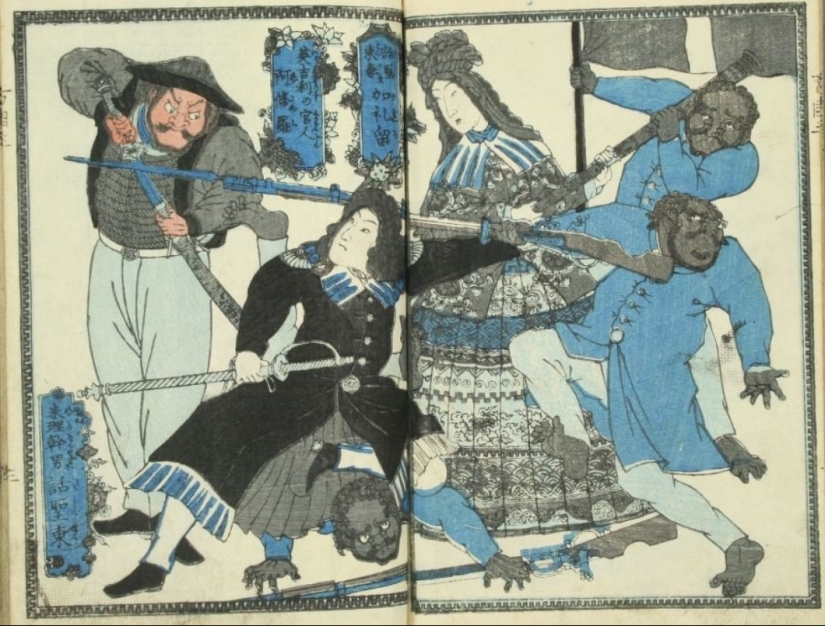 The goddess of America, the fairy of the mountain, and Washington defeating the Tiger: vintage manga on the theme of US history The goddess of America, the fairy of the mountain, and Washington defeating the Tiger: vintage manga on the theme of US history