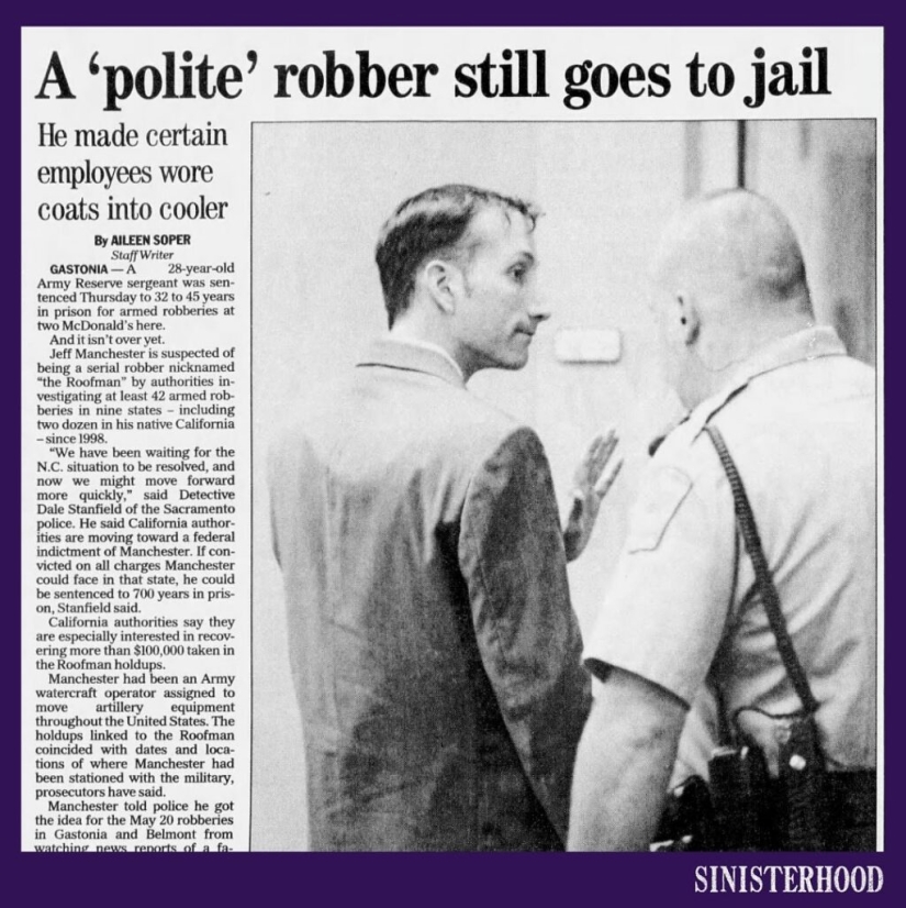 The true story of robber Jeffrey Manchester, who hid on the roof of a toy store.