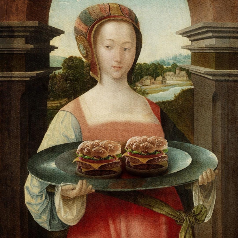"Tu hamburguesa, Madonna" : los héroes de las pinturas renacentistas devoran montañas de comida rápida "Tu hamburguesa, Madonna" : los héroes de las pinturas renacentistas devoran montañas de comida rápida