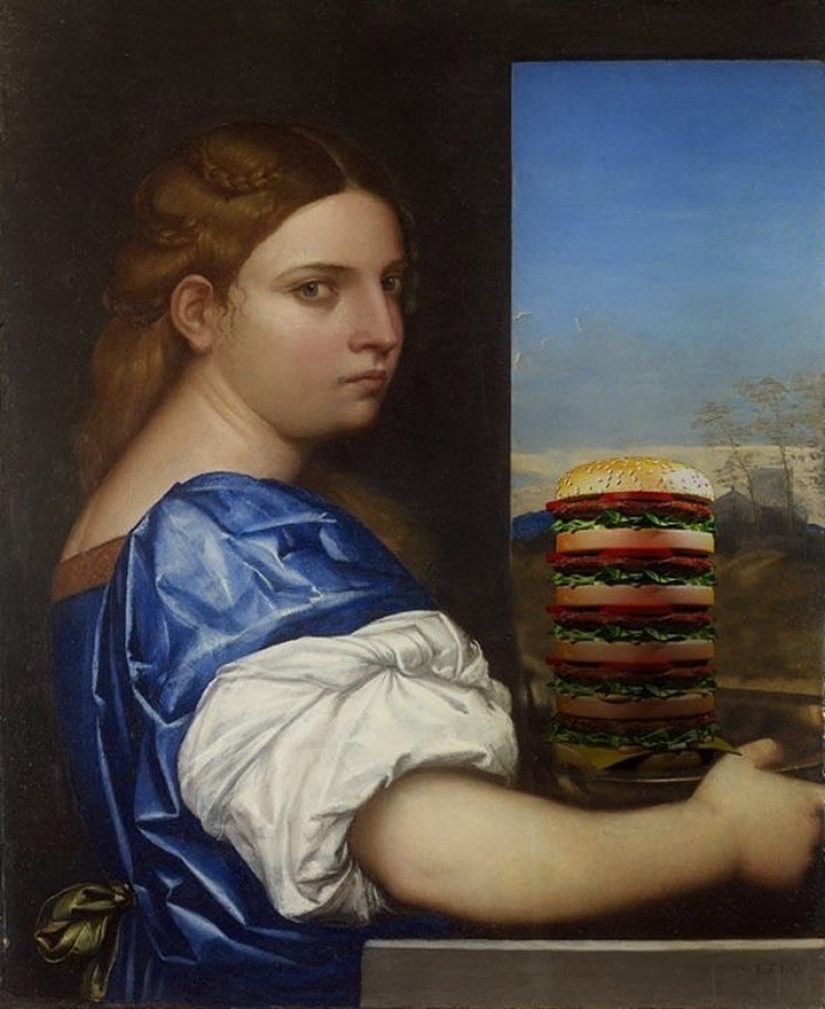 "Tu hamburguesa, Madonna" : los héroes de las pinturas renacentistas devoran montañas de comida rápida "Tu hamburguesa, Madonna" : los héroes de las pinturas renacentistas devoran montañas de comida rápida