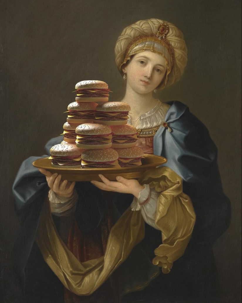 "Tu hamburguesa, Madonna" : los héroes de las pinturas renacentistas devoran montañas de comida rápida "Tu hamburguesa, Madonna" : los héroes de las pinturas renacentistas devoran montañas de comida rápida