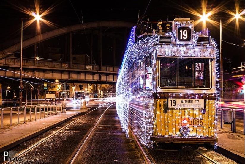 Wonderful luminous trams in Budapest at night Wonderful luminous trams in Budapest at night