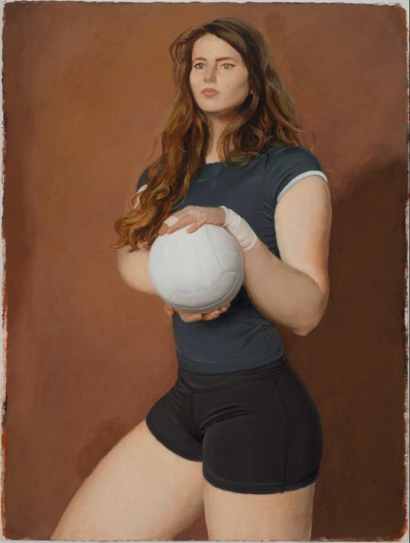 Ironic paintings by Jansson Stegner: massive beauties against thin guys