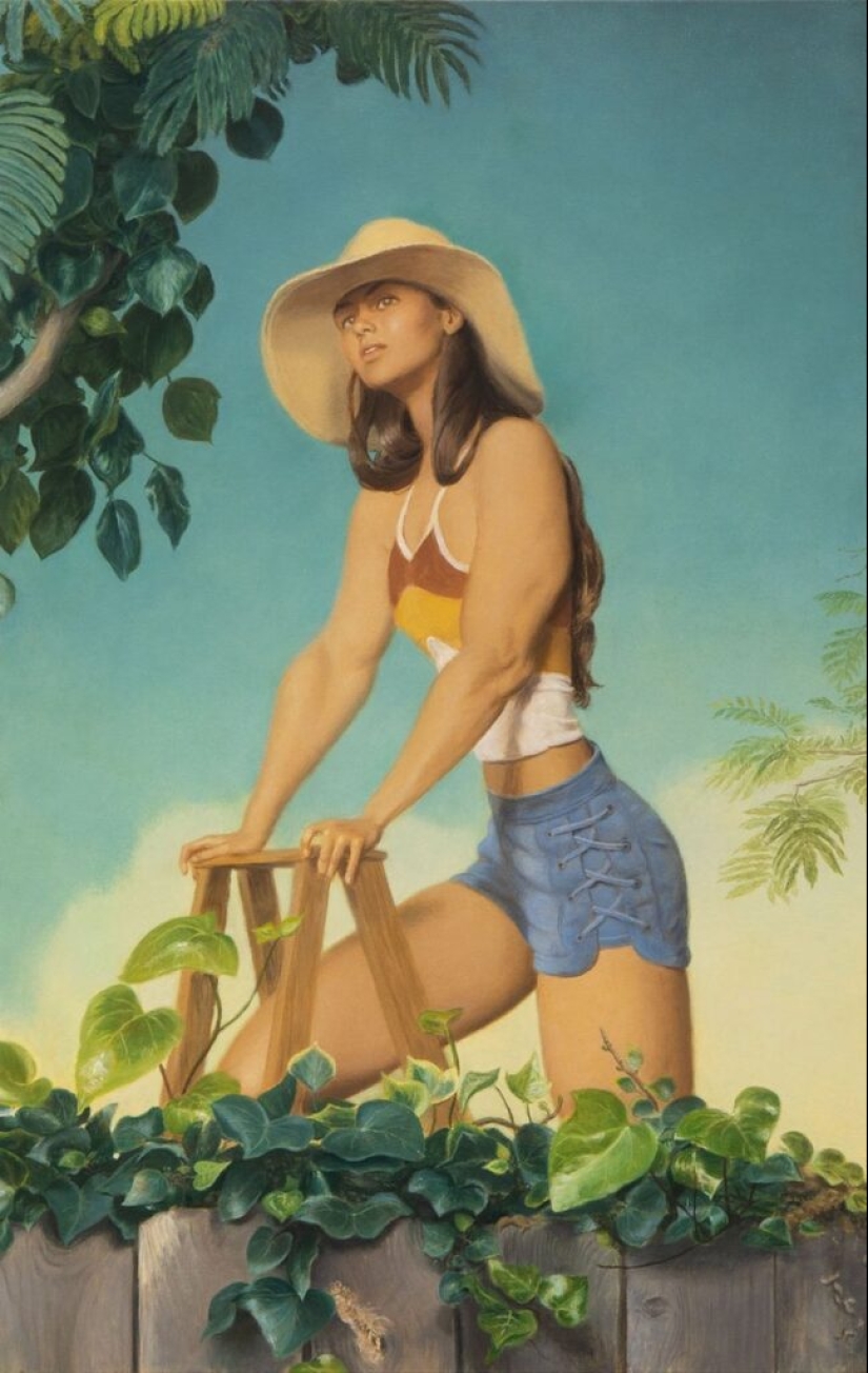 Ironic paintings by Jansson Stegner: massive beauties against thin guys