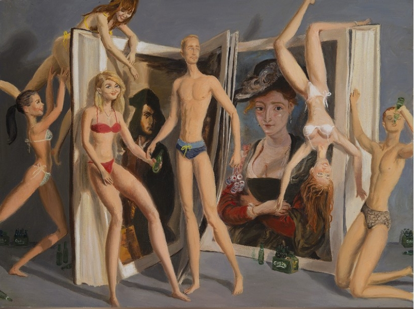 Ironic paintings by Jansson Stegner: massive beauties against thin guys