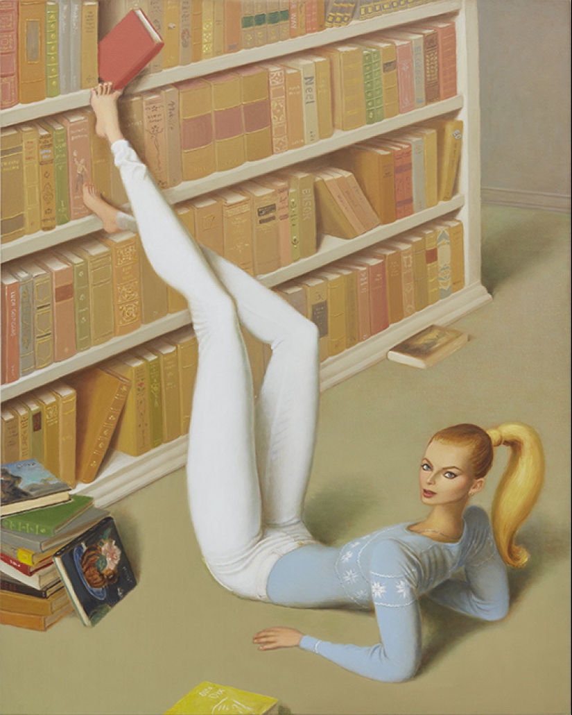 Ironic paintings by Jansson Stegner: massive beauties against thin guys